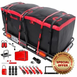 Mockins XXL 70x30x6 500Lbs Cap Folding Trailer Hitch Cargo Carrier Hitch Mount w/Lights & 40Cu Waterproof Cargo Bag for Cargo Hitch Carrier | Vehicle Cargo Carriers & Tow Hitch Cargo Carrier Bag Set