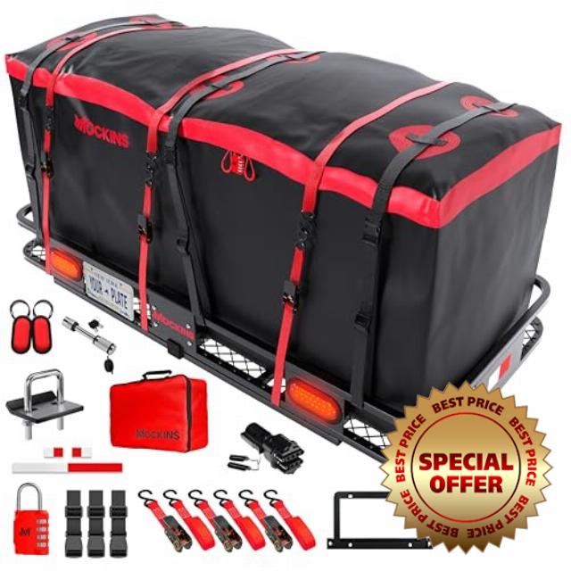 Mockins XXL 70x30x6 500Lbs Cap Folding Trailer Hitch Cargo Carrier Hitch Mount w/Lights & 40Cu Waterproof Cargo Bag for Cargo Hitch Carrier | Vehicle Cargo Carriers & Tow Hitch Cargo Carrier Bag Set