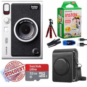 Fujifilm Instant Mini EVO Hybrid Camera Bundle with 20 Instant Film Sheets + 32GB Memory Card + Carrying Case + Flex Tripod + BluebirdSales Cleaning Cloth (Black)