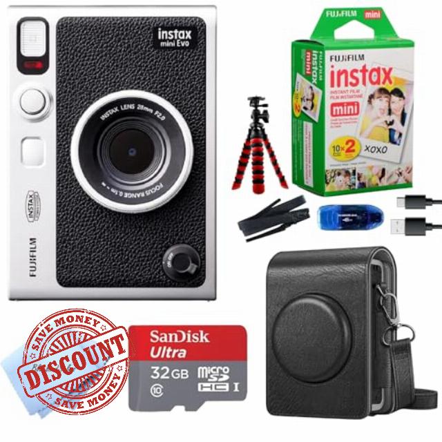 Fujifilm Instant Mini EVO Hybrid Camera Bundle with 20 Instant Film Sheets + 32GB Memory Card + Carrying Case + Flex Tripod + BluebirdSales Cleaning Cloth (Black)