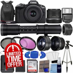 Canon EOS R50 Mirrorless Digital Camera Body Black with Canon RF-S 18-45mm f/4.5-6.3 is STM Lens 4 Lens Kit with 64GB Memory + 3pc Filter Kit + Case + Tripod + Complete Accessory Bundle (Renewed)