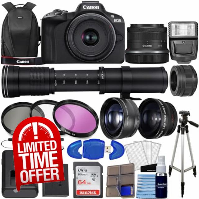 Canon EOS R50 Mirrorless Digital Camera Body Black with Canon RF-S 18-45mm f/4.5-6.3 is STM Lens 4 Lens Kit with 64GB Memory + 3pc Filter Kit + Case + Tripod + Complete Accessory Bundle (Renewed)