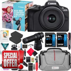 Canon EOS R50 Mirrorless Camera Content Creator Kit Including Body + 18-45mm is STM Lens + Microphone + Tripod Grip 5811C059 Bundle with Deco Gear Bag + 2 Battery + 2 64GB Memory Cards + Accessories