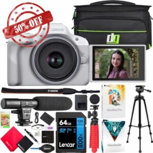 Canon EOS R50 Mirrorless Camera (White) with RF-S 18-45mm F4.5-6.3 is STM Lens 5812C012 Bundle with Deco Gear Photography Bag + Microphone + Tripod + Software & Accessories Kit
