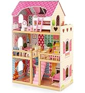 GYMAX Kids Dollhouse, 3 Storey Fully Furnished House Playset with 6 Simulated Rooms & 15 Furnitur...