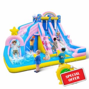 Inflatable Water Slide: 6 in 1 Bounce House Water Park for Kids - Climbing Wall Splash Pool 2 Water Cannon 2 Slide Basketball Rim - 550W Blower - for Outdoor Backyard Birthday Party