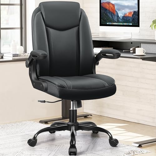 Executive Leather Office Chair with Adjustable Flip-up Armrests Height