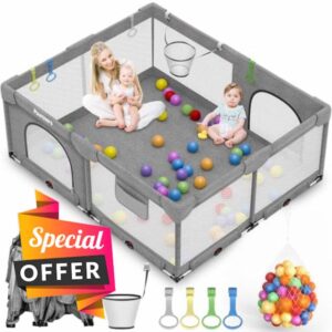 Foldable Playpen for Babies and Toddlers: 71"L x 59"W x 27"H