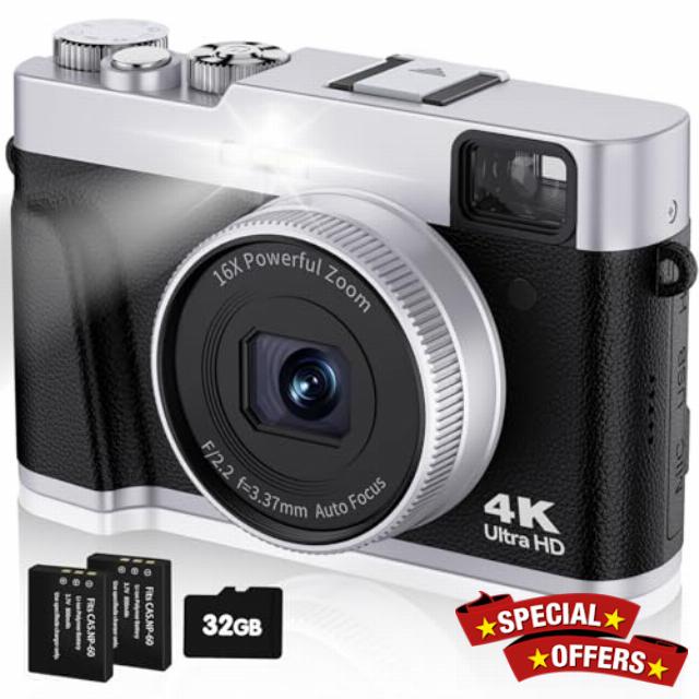 Digital Camera 4K 48MP Autofocus with 32G Card Optical Viewfinder 16x Zoom Vlogging Camera for Photography Flash Anti-shake Rechargeable Compact Camera for Beginner Teenager (Black)