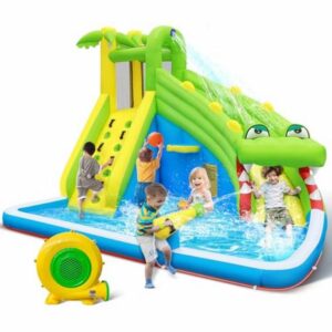 Inflatable Water Slide：5 in 1 Crocodile Bounce House Water Park for Kids - Climbing Wall Splash Pool Water Cannon Basketball Rim - 480W Blower - for Indoor Outdoor Backyard Birthday Party