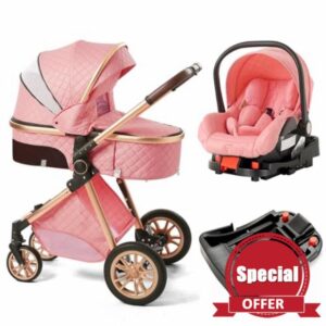 3-in-1 Convertible Baby Stroller with Bassinet Mode - Foldable Infant Stroller - Toddler Stroller with Reversible Stroller Seat Adjustable Bassinet (Pink with base