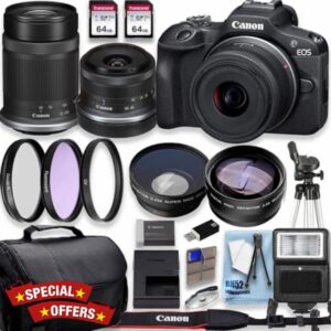 Canon EOS R100 4K Video Recording Mirrorless Camera with 18-45mm and Canon RF-S 55-210mm f/5-7.1 is STM Lenses+2 X 64GB Fast Transcend Memory+Deluxe Accessory Bundle