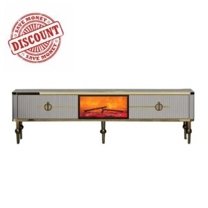 Fireplace TV Stand - Modern High Gloss LED Entertainment Center for Living Room and Bedroom - TV Console with Drawers - Farmhouse TV Stand with Fireplace (Grey - Gold)