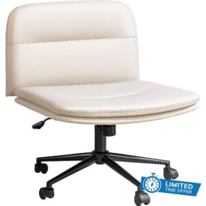 FLEXISPOT Cross Legged Office Chair Armless Desk Chair Comfy Wide Seat Criss Cross Chair with Wheels Vanity Chair for Living Room Bedroom Study Room(White Light Beige)
