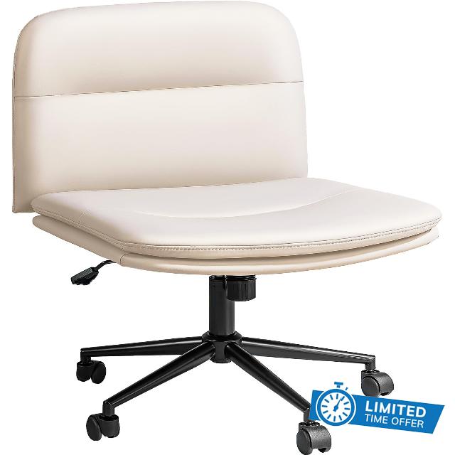 FLEXISPOT Cross Legged Office Chair Armless Desk Chair Comfy Wide Seat Criss Cross Chair with Wheels Vanity Chair for Living Room Bedroom Study Room(White Light Beige)