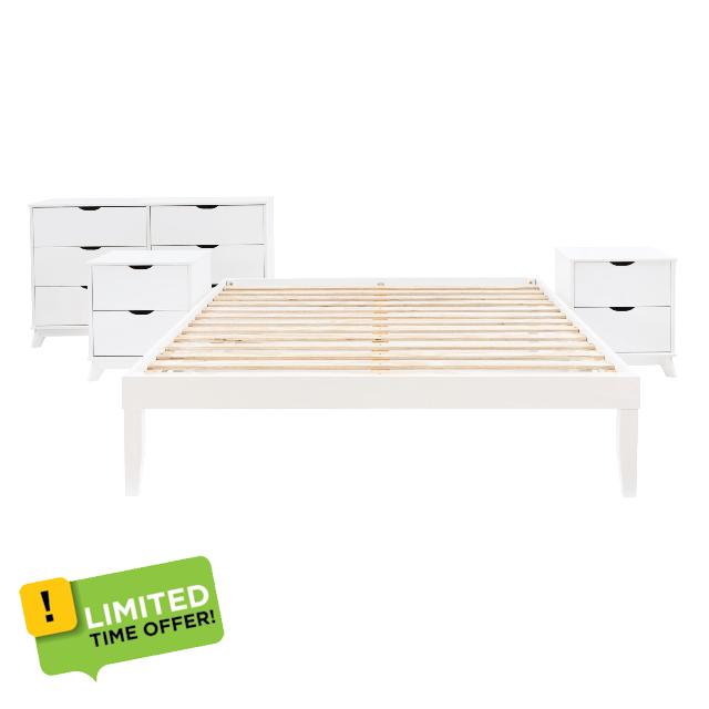 Powell Fordham White Solid Pine Wood Queen Sized Platform Bed with Six Drawer Dresser and Set of 2 Two Drawer Nightstands