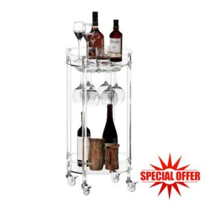 Eglaf Acrylic Bar Cart - Round Rolling Bar Cart - 2 Tiers Home Bar Serving Cart with Lockable Wheels