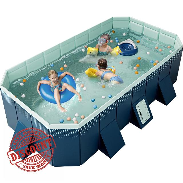 Foldable Non-Inflatable Kids' and Adults' Outdoor Swimming Pool Hard Plastic Shell Kid Pool for Backyard Dog Pools (113" x 66" x 20")