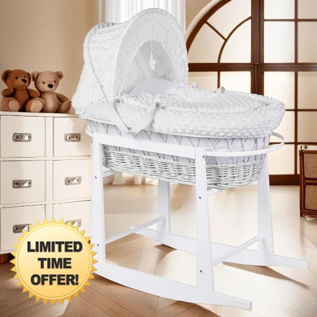 BABYMAM Moses Basket Wicker White Rocking Stand Baby Padded Dimple White Bedding Full Set with Mattress