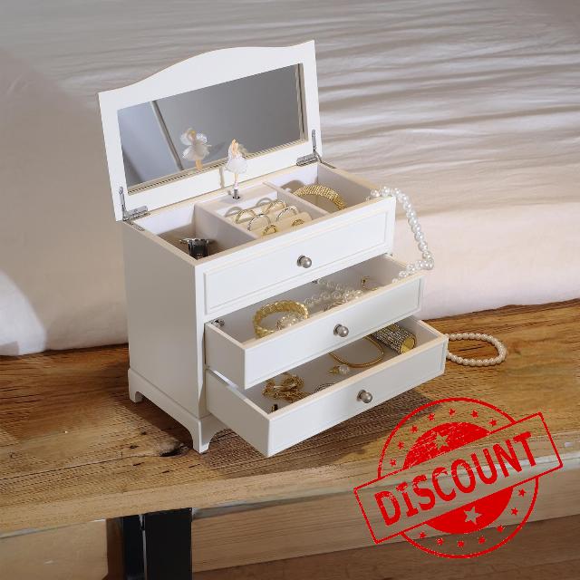 White Ballerina Musical Jewelry Box with Mirror and Necklace for Girls and Women