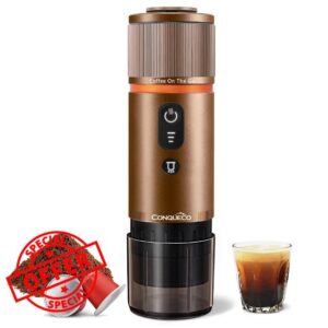 CONQUECO Portable Espresso Coffee Machine: 12V Electric Small Travel Expresso Maker - Self Heating 8 Cups Battery Powered Compatible for Nespresso Capsule - for Camping RV Hiking Office (Brown)