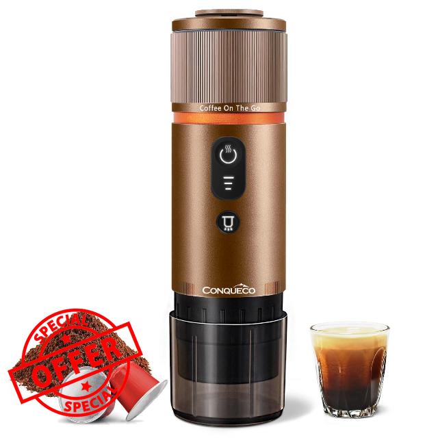 CONQUECO Portable Espresso Coffee Machine: 12V Electric Small Travel Expresso Maker - Self Heating 8 Cups Battery Powered Compatible for Nespresso Capsule - for Camping RV Hiking Office (Brown)