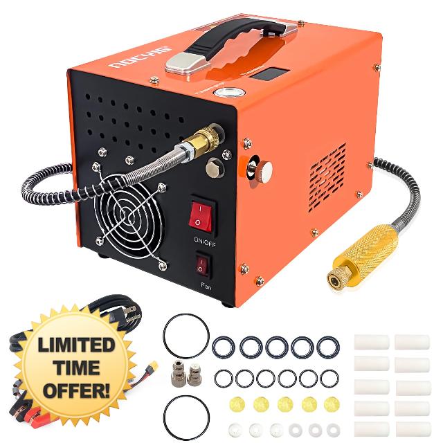 PCP Air Compressor 4500Psi 30Mpa Waterless/oil-free Air Pump Rifle Pistol Paintball Tank Power Supply Built-in 12V car DC 110V AC Household with Power Converter And Oil Wet Filter Easy To Carry