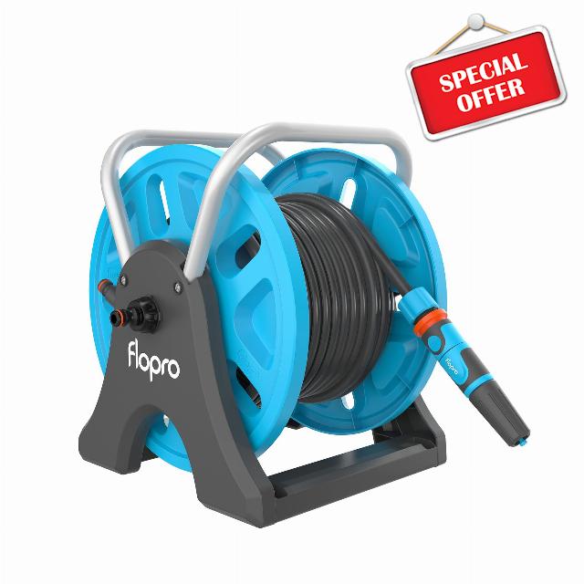 Flopro-EVERYDAY garden hose reel 20m: 2-in-1 ideal as free standing or wall mounted hose reel. Robust frame for stability. Complete with SUPERGRIP hose pipe connector set & nozzle- Fits all brands
