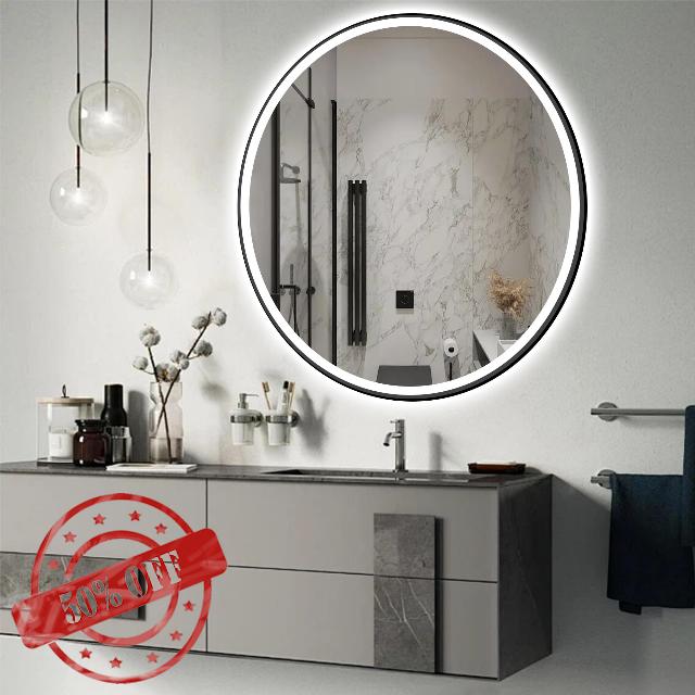 28 Inch Black Round LED Mirror for Bathroom