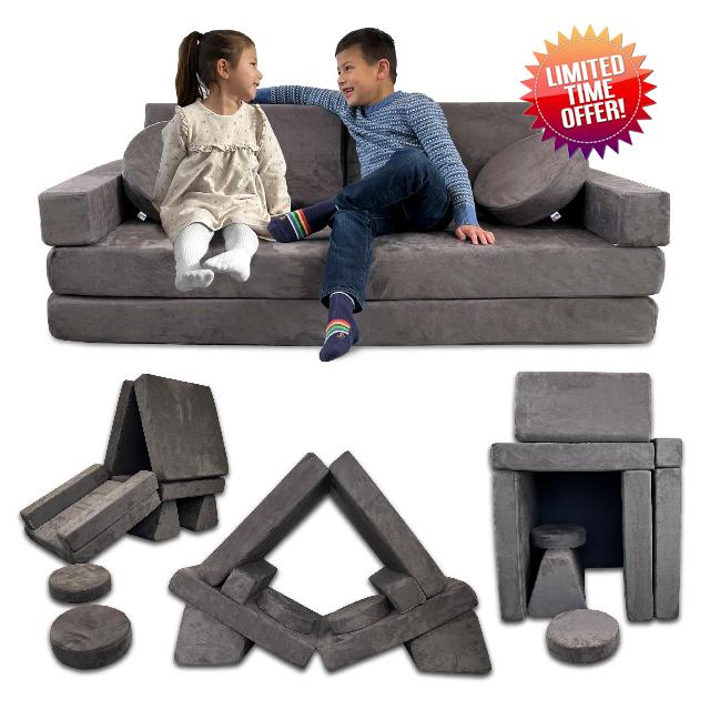 Mod Blox 10 Piece Soft Kids Modular Playset | Convertible Couch for Playroom with Microsuede Covers and High Density Foam Cushions (Dark Gray)