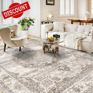 Washable Living Room Area Rug：8x10 Bedroom Rugs - Farmhouse Distressed Printed Floral Carpet - Foldable Non-Shedding Floor Carpet for Dining Room 8'x10' Beige