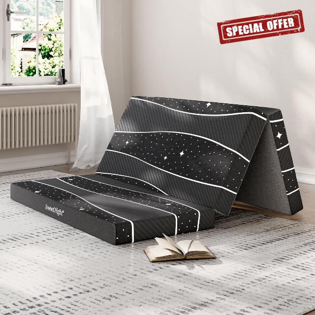 Sweetnight Tri-fold Mattress - 4 Inch Dual-Layer Foam Folding Mattress | Removable & Washable 500G Superfine Fiber Cover | Suitable for Camping
