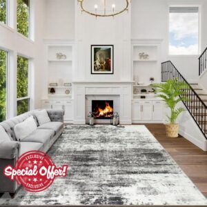 8x10 Area Rugs Washable Rug: Large Modern Abstract Living Room Rug Soft Anti-Skid Thin Carpet Indoor Floor Non-Shedding Carpets for Bedroom Dining Room Farmhouse Nursery Home Office Black Grey