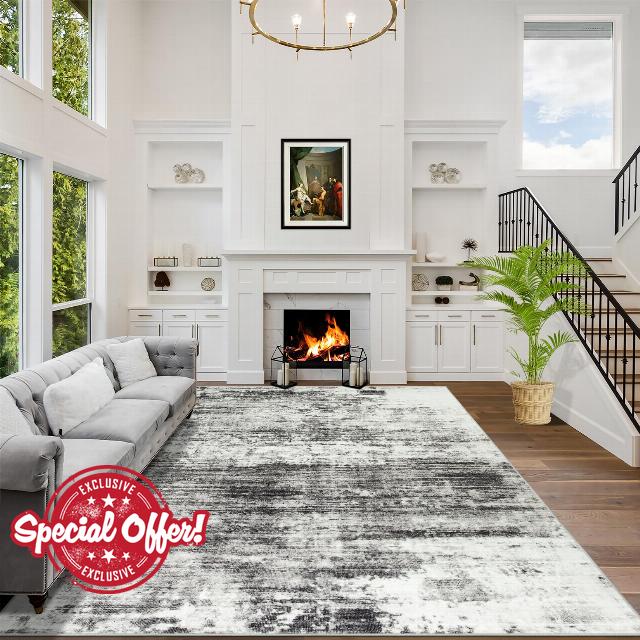 8x10 Area Rugs Washable Rug: Large Modern Abstract Living Room Rug Soft Anti-Skid Thin Carpet Indoor Floor Non-Shedding Carpets for Bedroom Dining Room Farmhouse Nursery Home Office Black Grey
