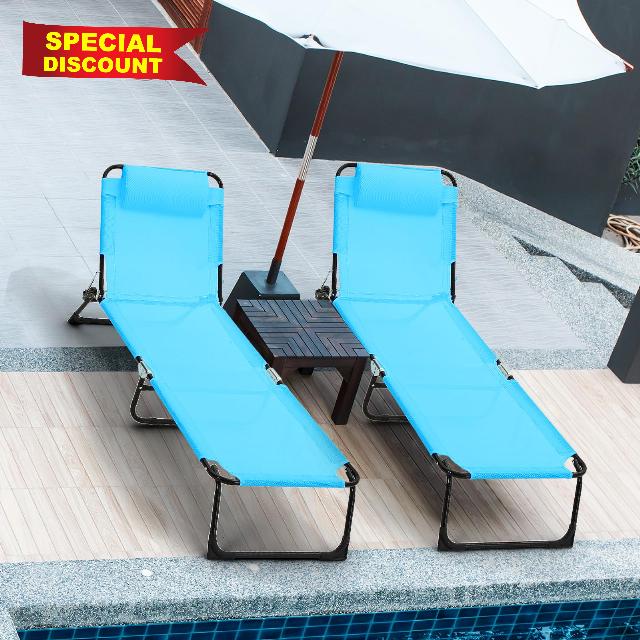 2 Pack Folding Chaise Lounge Chairs Outdoor Sun Tanning Chair for Outside Foldable Beach Chair with Pillow 5 Position Reclining Back Breathable Mesh Pool Chair for Beach Yard Lawn Patio(Blue)