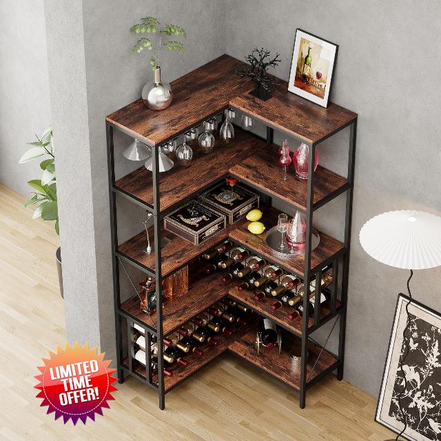 Large Corner Wine Rack 5 Tier L Shaped Industrial Freestanding Floor Bar Cabinets