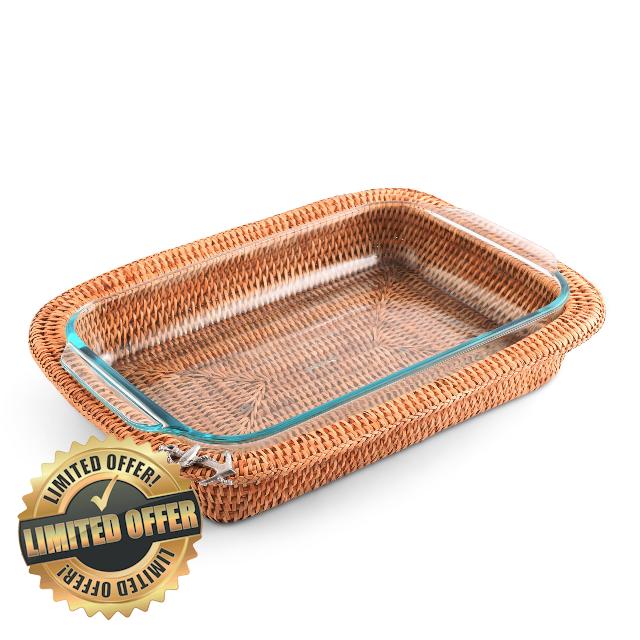 Vagabond House Hand Woven Rattan 3qt Rectangular Casserole Holder with Pewter Anchor Accent