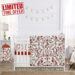 Sweet Jojo Designs Ivory Orange Boho Vintage Floral Girl Baby Crib Bedding Set Infant Nursery Room BreathableBaby Breathable Mesh Crib Liner Blanket Fitted Sheet Skirt 6p Bohemian Farmhouse Wildflower