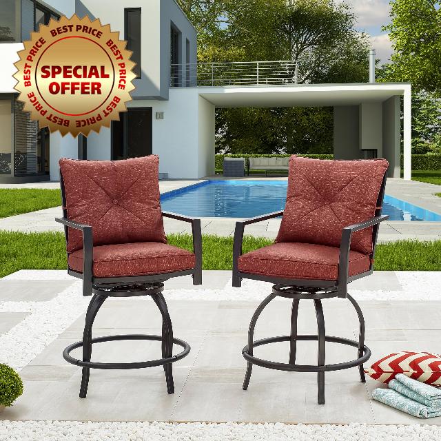 LOKATSE HOME 2 PCS Outdoor Patio Bar Height Swivel Chairs with Seat and Back Cushions