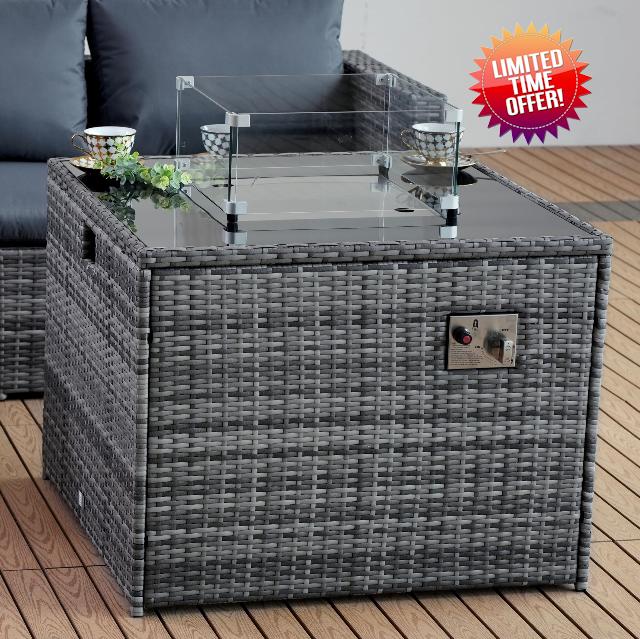 Rattan Gas Fire Pit Table with Lava Stones