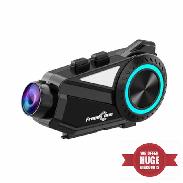 FreedConn R3 Motorcycle Bluetooth Headset with 2K Camera 360°Shooting Upgraded Night Vision Hi-Res Audio 8 Riders 1500M motorcycle bluetooth intercom Motorcycle Communication System IP65(128G TF Card)