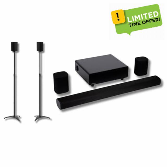 Platin Milan 5.1.4 Wireless Home Theater Soundbar System for Smart TVs - with WiSA E and 4 Up-firing Dolby Atmos Speakers - and PERLESMITH Speaker Stands Bundle