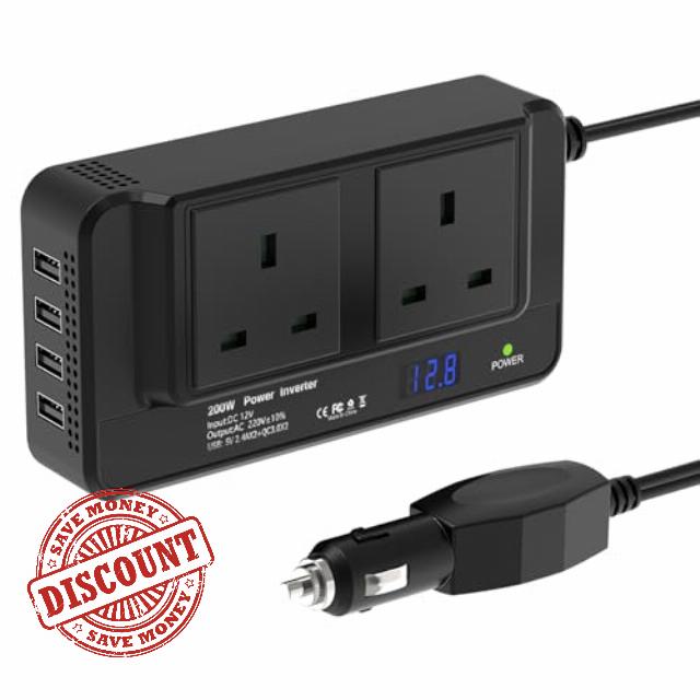 200W Power Inverter Car Charger Car Inverter DC 12v to AC 240v UK with 3 Pin Plug Dual USB Invert to Charge Laptop