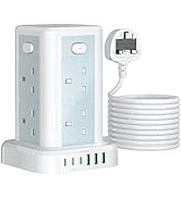 Tower Extension Lead with USB C Slots, 8 Way Multi Plug Extension Tower with 6 USB Ports, 13A 325...