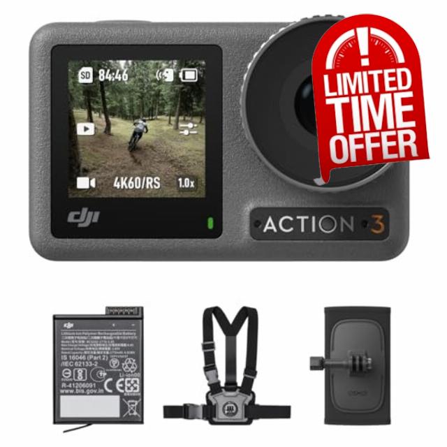 DJI Osmo Action 3 Outdoor Combo - 4K/120fps Action Camera with chest & Backpack Strap Mount for hiking and cycling