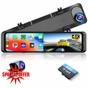 Podofo 4K Wireless Carplay Mirror Dash Cam with Bluetooth