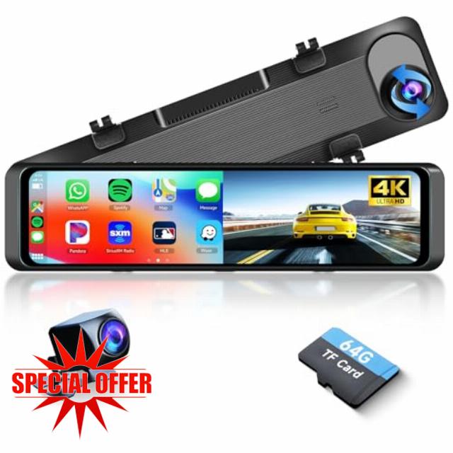 Podofo 4K Wireless Carplay Mirror Dash Cam with Bluetooth