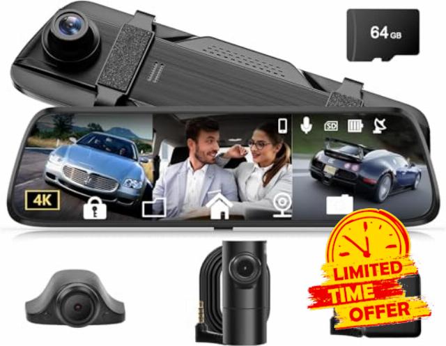 12" 4K Rear View Mirror Camera Smart Full Touch Screen Mirror Dash Cam