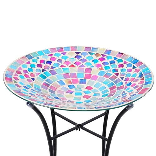 Mosaic Bird Bath with Metal Standing for Garden
