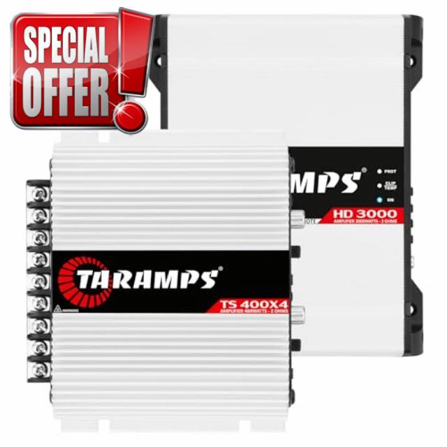 Taramps HD 3000 2 Ohms Class D monoblock car Audio amp 3000 watts RMS + Taramps TS 400x4 2 Ohms Full Range 4 Channels 400W RMS car Amplifier Bundle